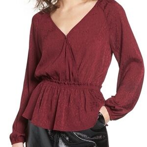 LEITH Silky Blouse in Burgundy MED Peplum Long Sleeve Top